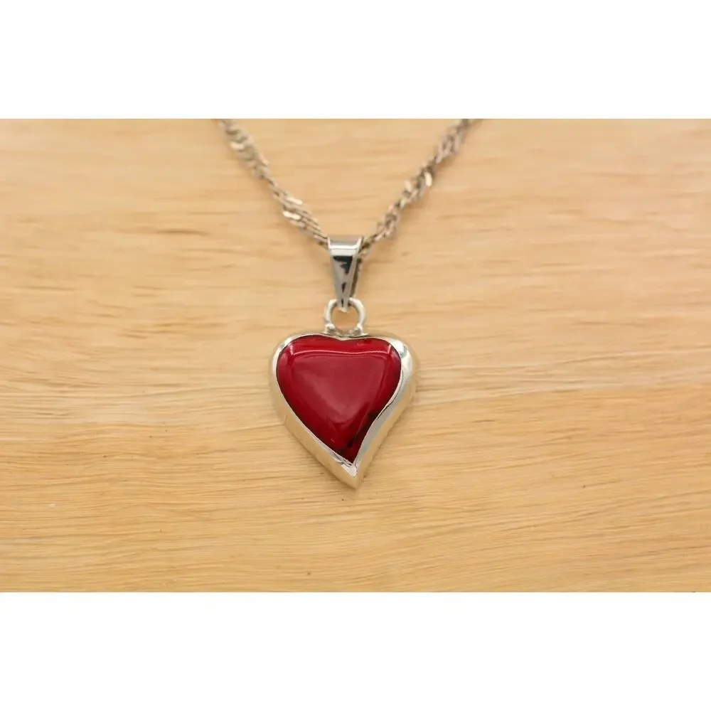 ATI 925 Mexico Heart Pendant Necklace Red Stone Sterling Silver Signed Bin8